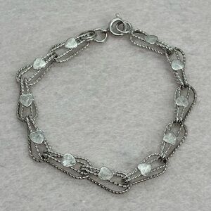 Vtg 925 Sterling Silver Twisted Rope Link Heart Design Charm Bracelet | 7.4”